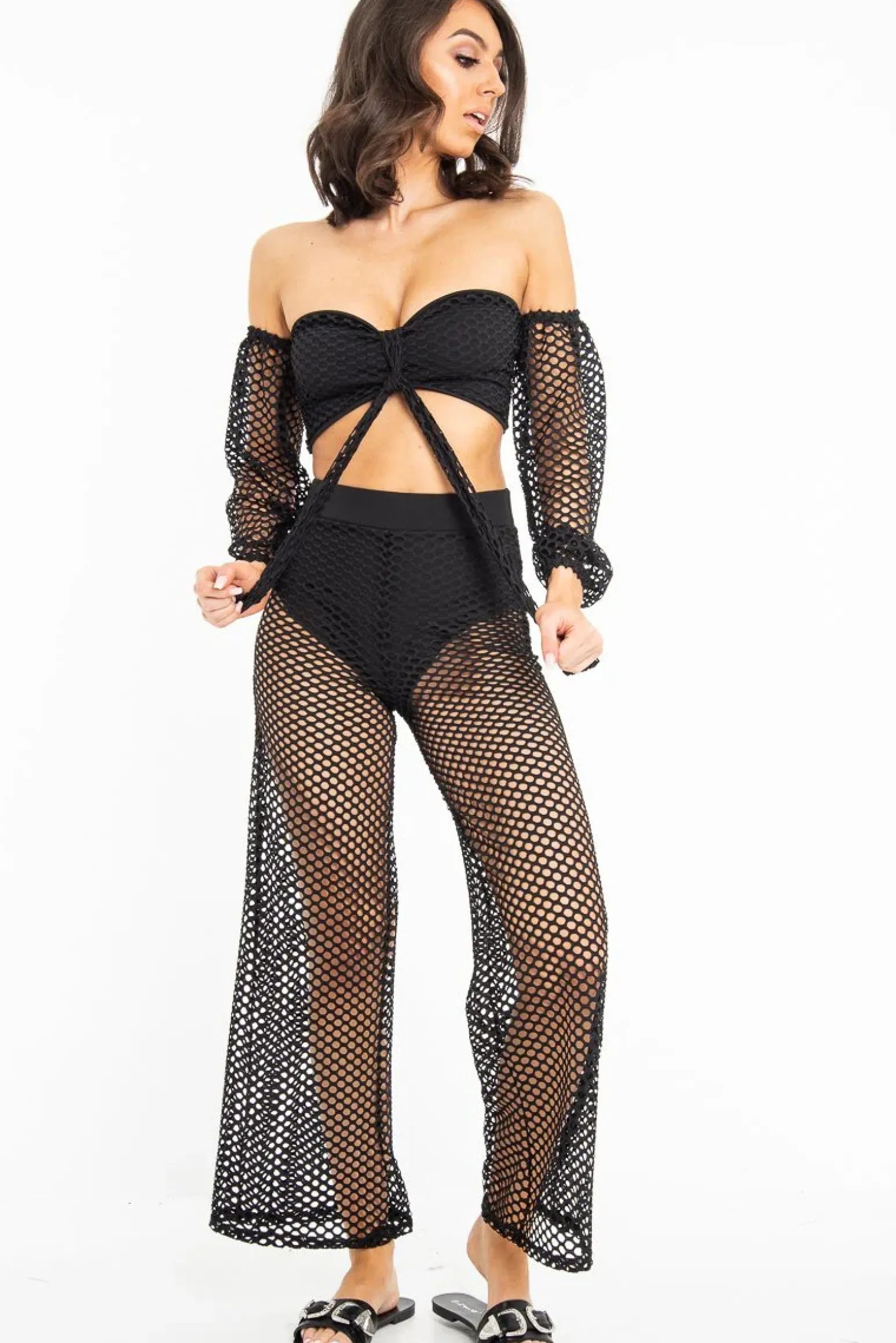 Rebellious Fashion Black Fish Net Crop Tie Top and Trousers Co-ord - Misa