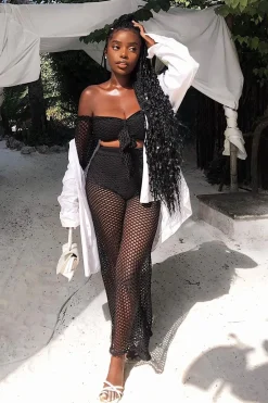 Rebellious Fashion Black Fish Net Crop Tie Top and Trousers Co-ord - Misa