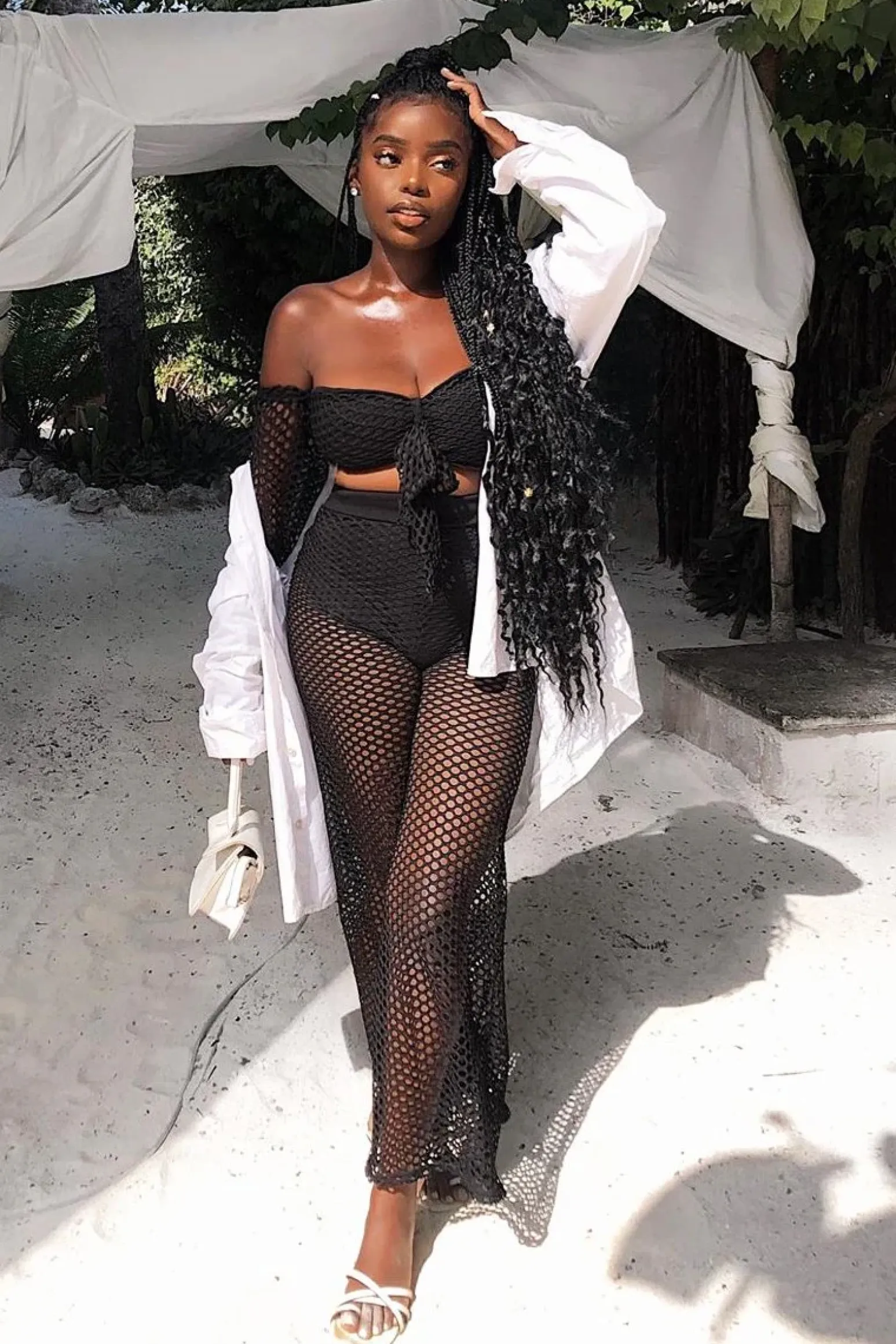 Rebellious Fashion Black Fish Net Crop Tie Top and Trousers Co-ord - Misa
