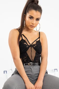 Rebellious Fashion Black Fishnet Floral Lace Strappy Mesh Bodysuit - Hallee
