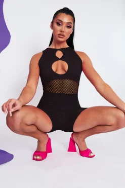 Rebellious Fashion Black Fishnet Keyhole Playsuit - Jamila