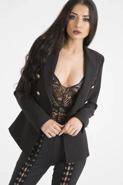 Rebellious Fashion Black Fitted Gold Button Blazer - Mei