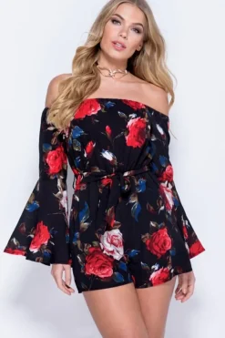 Rebellious Fashion Black Flared Sleeve Floral Bardot Playsuit - Tyra