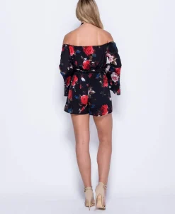 Rebellious Fashion Black Flared Sleeve Floral Bardot Playsuit - Tyra