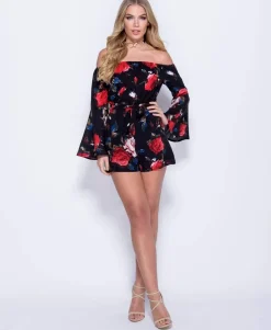 Rebellious Fashion Black Flared Sleeve Floral Bardot Playsuit - Tyra