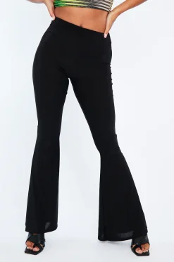 Rebellious Fashion Black Flared Slinky Trousers - Teena