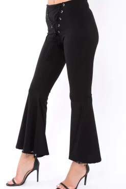 Rebellious Fashion Black Flare Trousers with Lace Up Front - Gaby