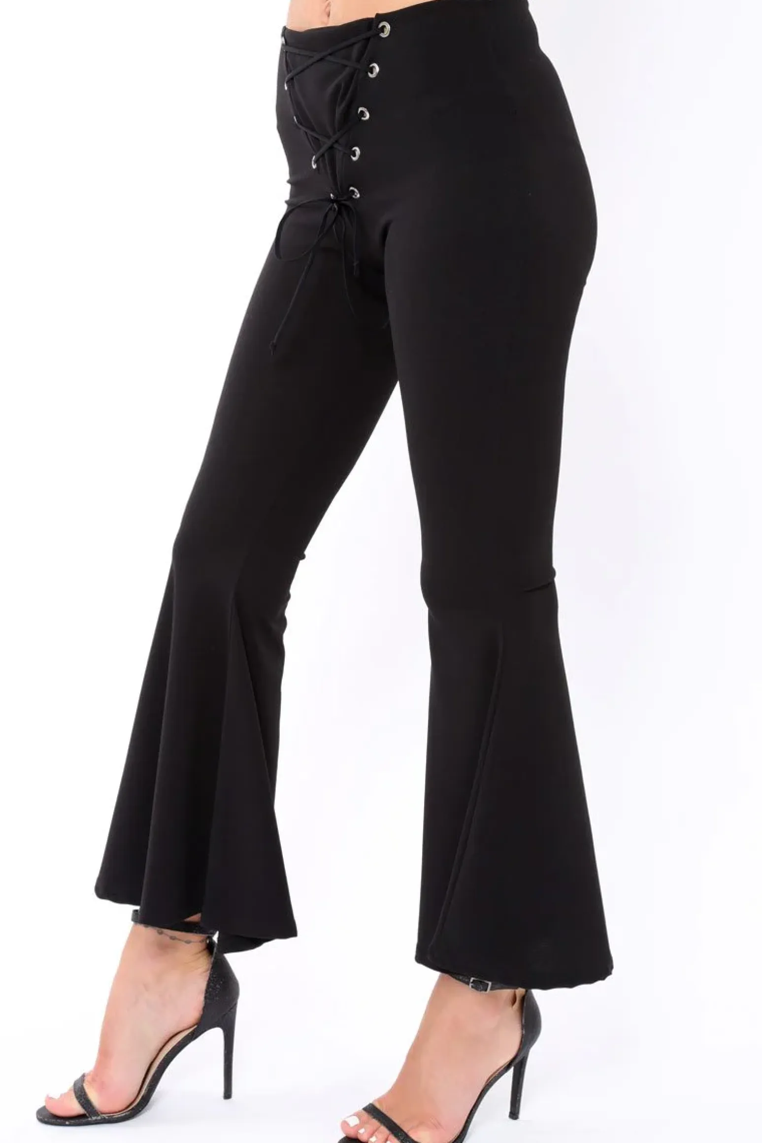 Rebellious Fashion Black Flare Trousers with Lace Up Front - Gaby