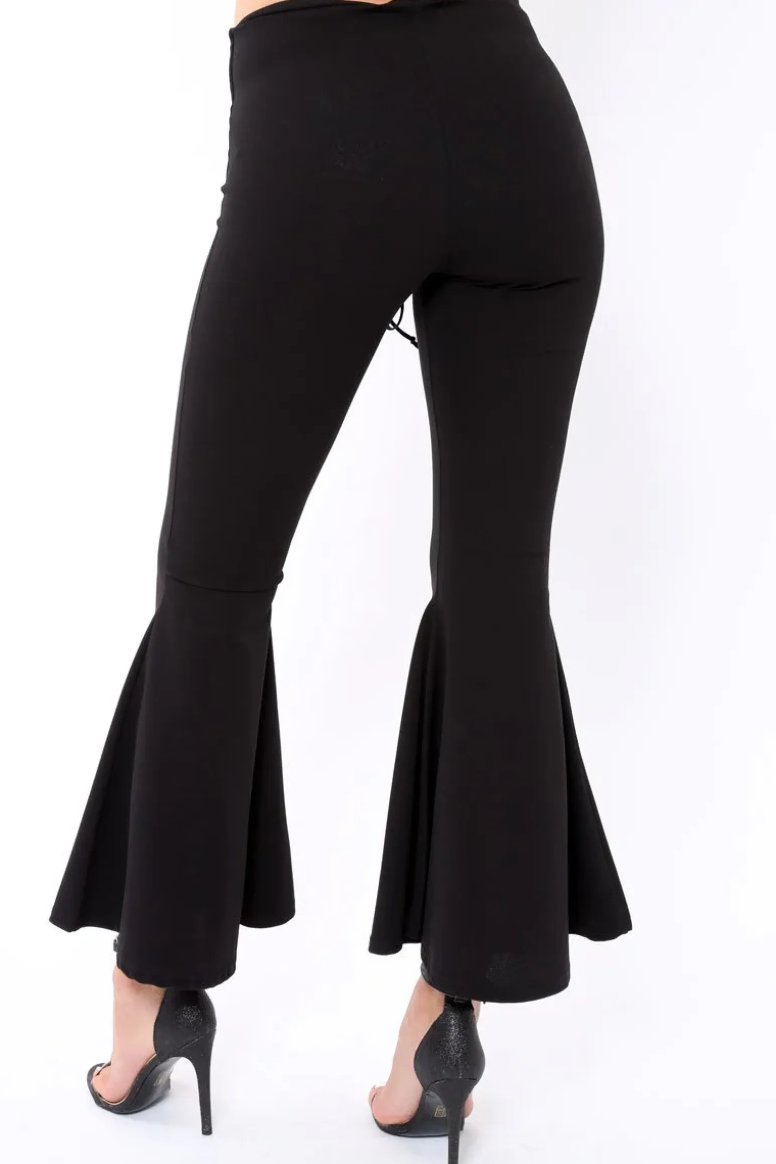 Rebellious Fashion Black Flare Trousers with Lace Up Front - Gaby