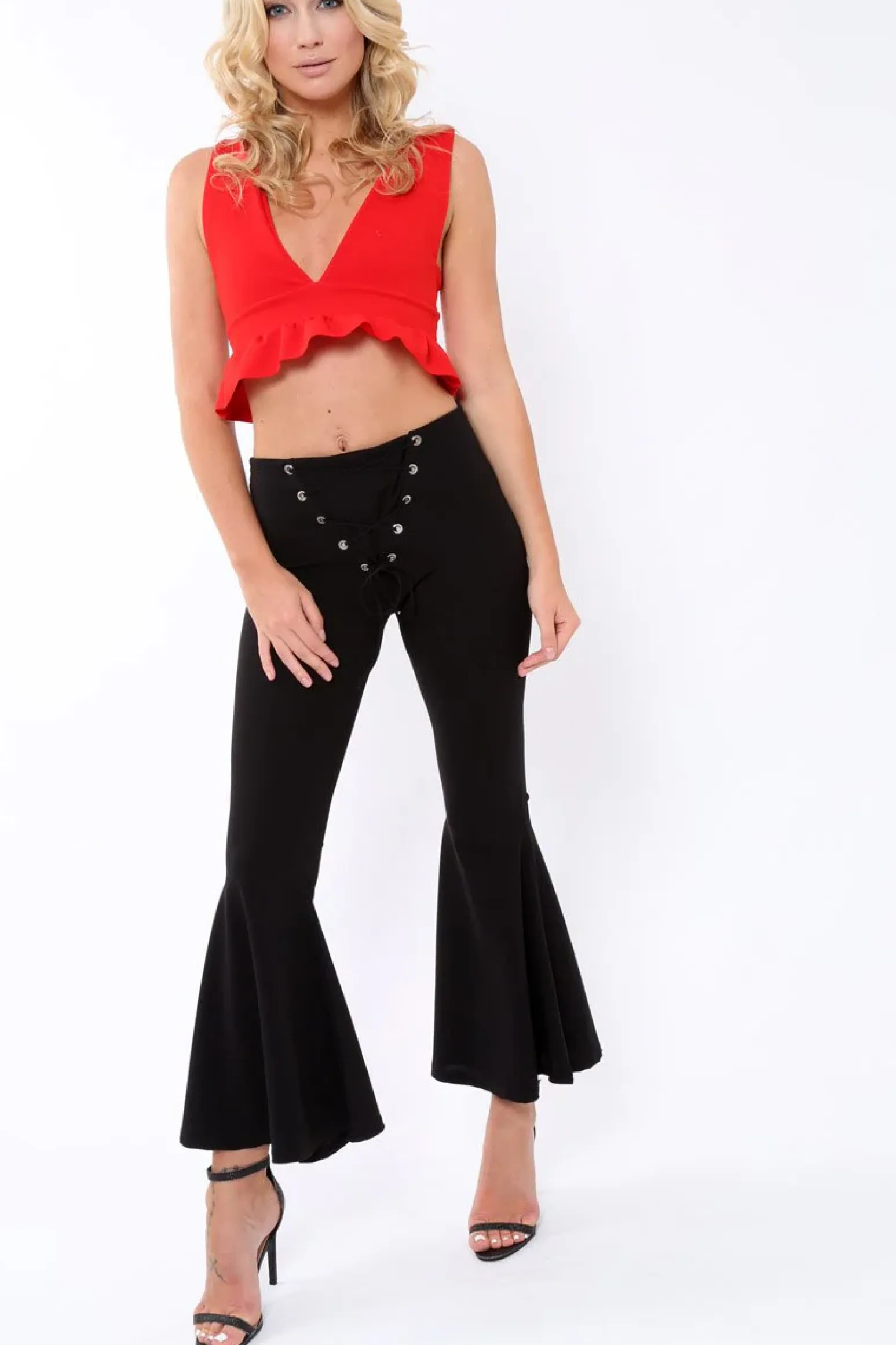 Rebellious Fashion Black Flare Trousers with Lace Up Front - Gaby