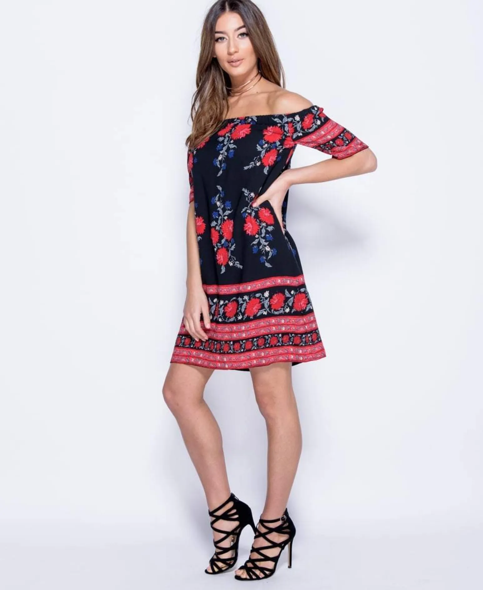 Rebellious Fashion Black Floral Bardot Dress - Tamia
