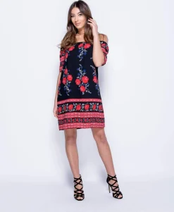 Rebellious Fashion Black Floral Bardot Dress - Tamia