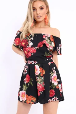 Rebellious Fashion Black Floral Bardot Playsuit with Frill Detail - Raine