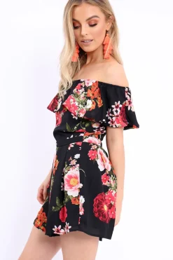 Rebellious Fashion Black Floral Bardot Playsuit with Frill Detail - Raine
