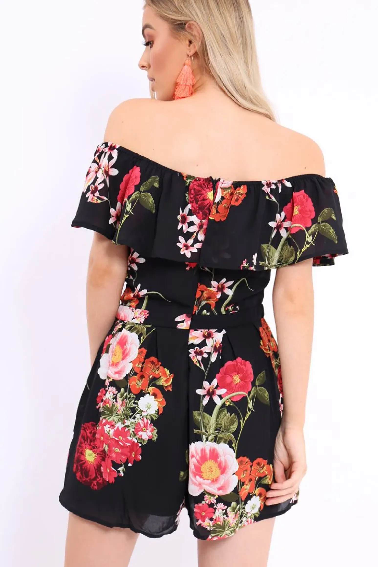 Rebellious Fashion Black Floral Bardot Playsuit with Frill Detail - Raine