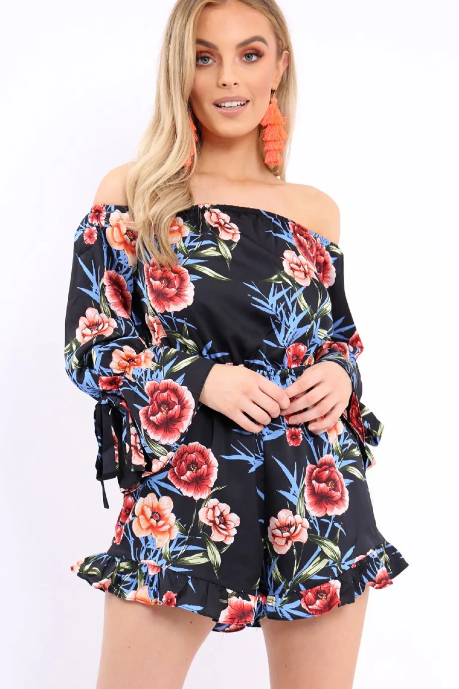 Rebellious Fashion Black Floral Bardot Playsuit with Frill Hem and Cuffs - Farhanna