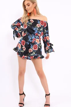 Rebellious Fashion Black Floral Bardot Playsuit with Frill Hem and Cuffs - Farhanna