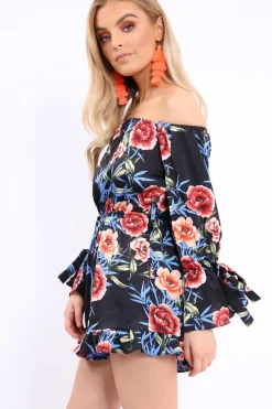 Rebellious Fashion Black Floral Bardot Playsuit with Frill Hem and Cuffs - Farhanna