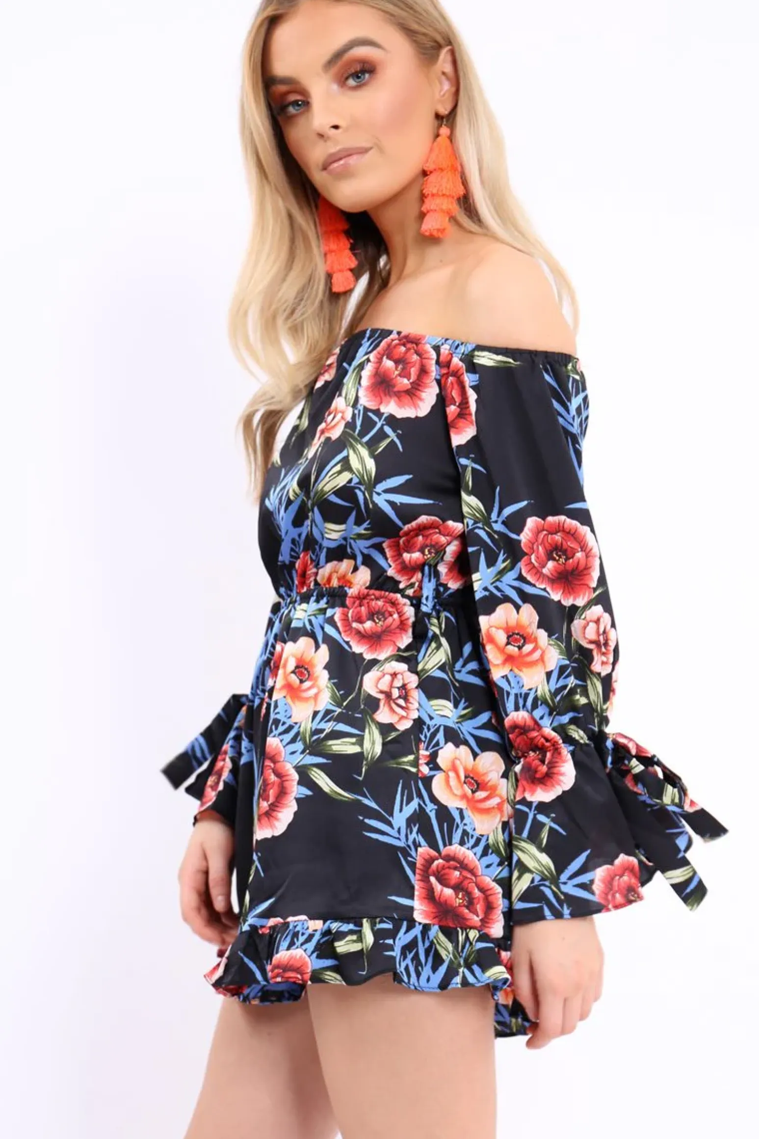 Rebellious Fashion Black Floral Bardot Playsuit with Frill Hem and Cuffs - Farhanna