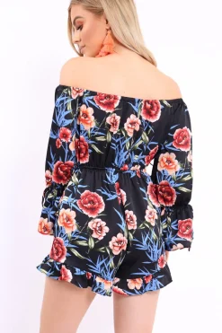 Rebellious Fashion Black Floral Bardot Playsuit with Frill Hem and Cuffs - Farhanna