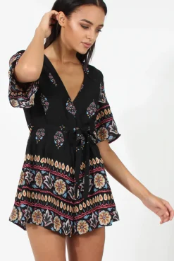 Rebellious Fashion Black Floral Border Print Playsuit - Shauna