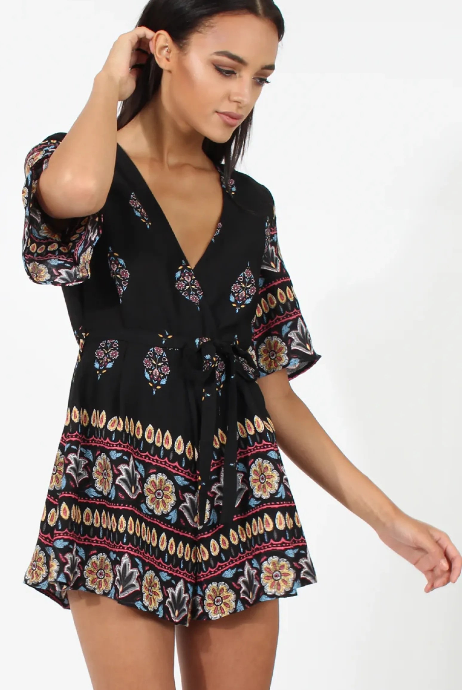 Rebellious Fashion Black Floral Border Print Playsuit - Shauna