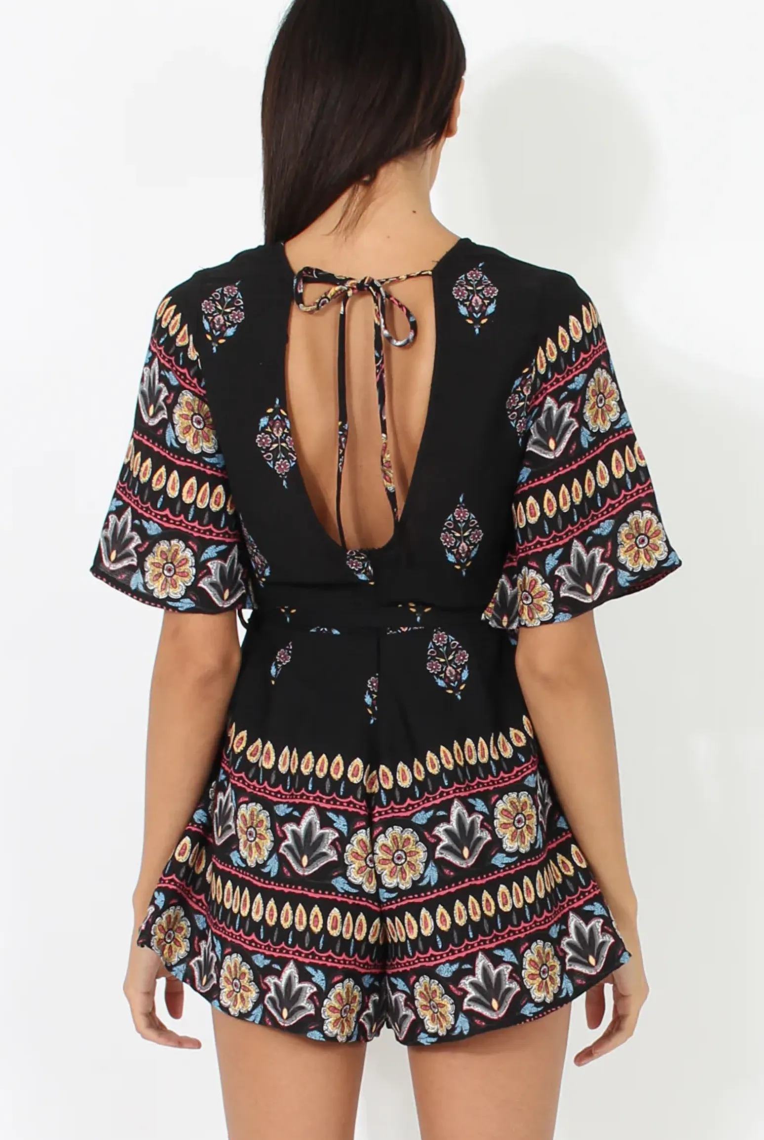 Rebellious Fashion Black Floral Border Print Playsuit - Shauna