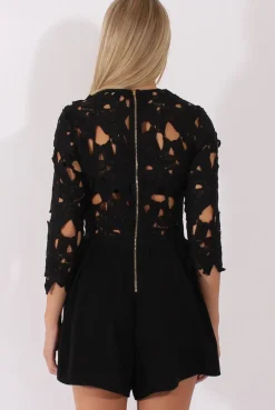 Rebellious Fashion Black Floral Crochet Playsuit - Agatha