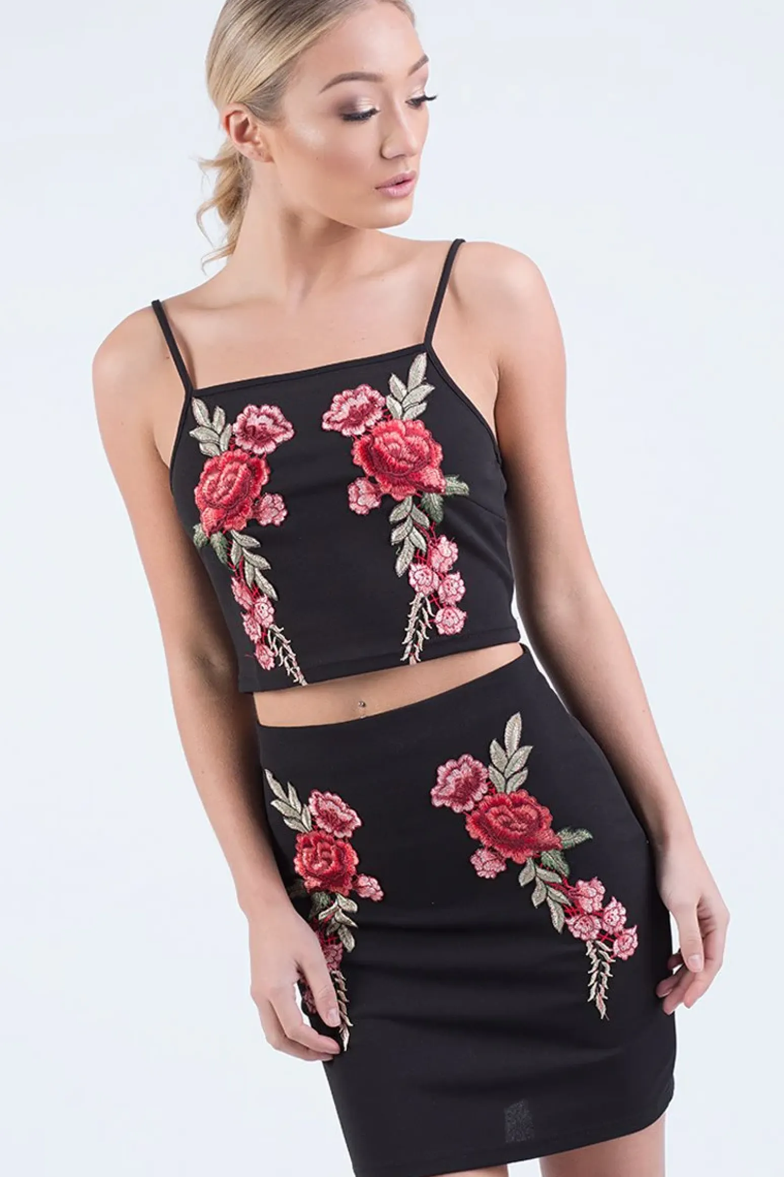 Rebellious Fashion Black Floral Embroidered Co-ord - Stacey