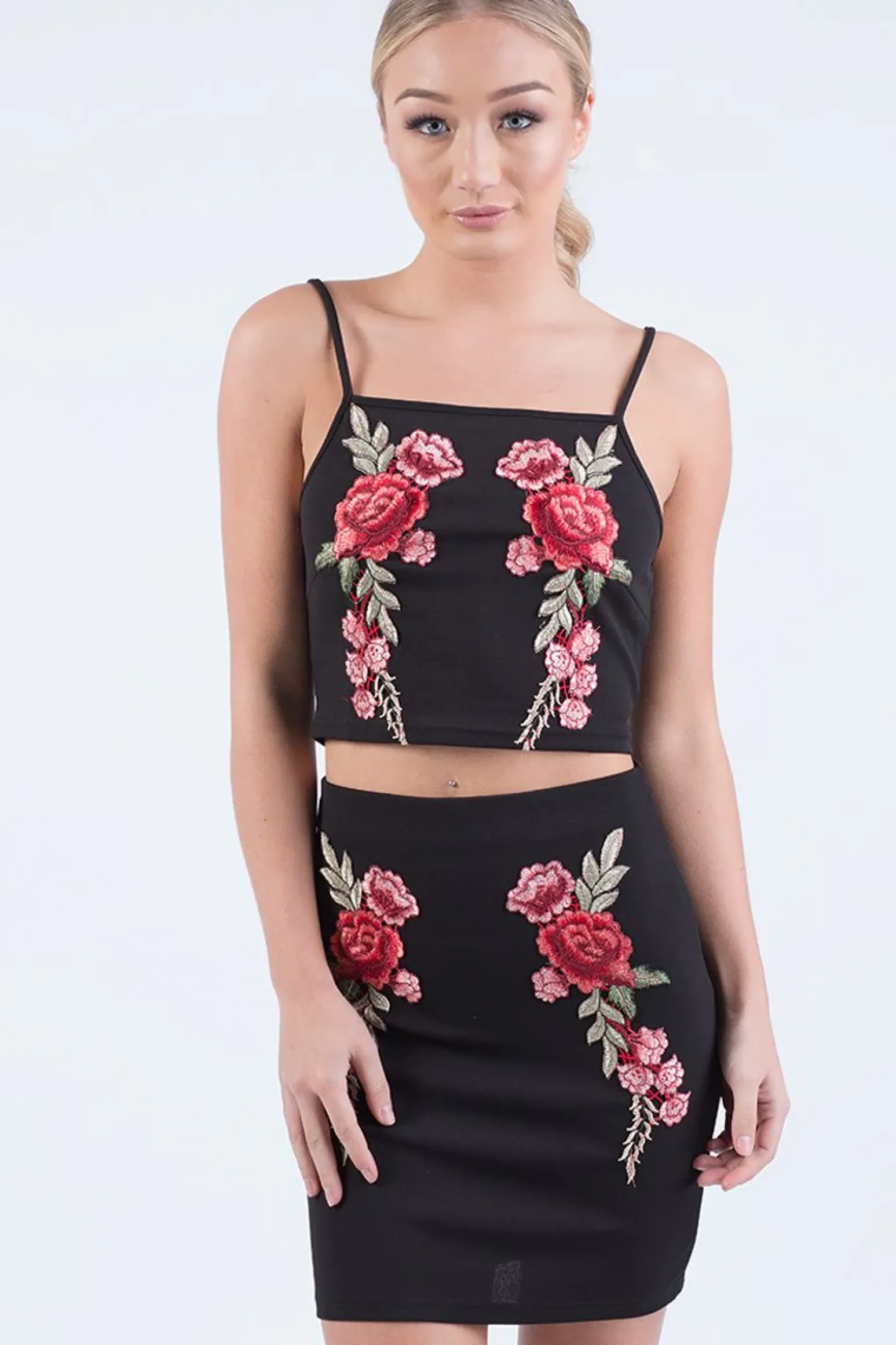 Rebellious Fashion Black Floral Embroidered Co-ord - Stacey