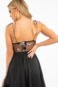 Rebellious Fashion Black Floral Embroidered Corset Bodysuit - Ysabella