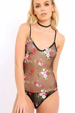 Rebellious Fashion Black Floral Embroidered Sheer Mesh Bodysuit - Trina