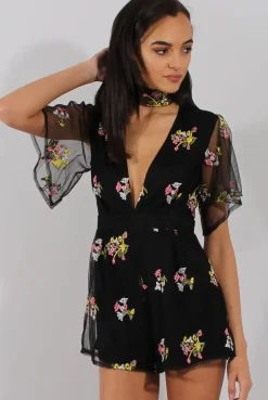 Rebellious Fashion Black Floral Flared Sleeve Mesh Embroidered Plunge Playsuit - Lita