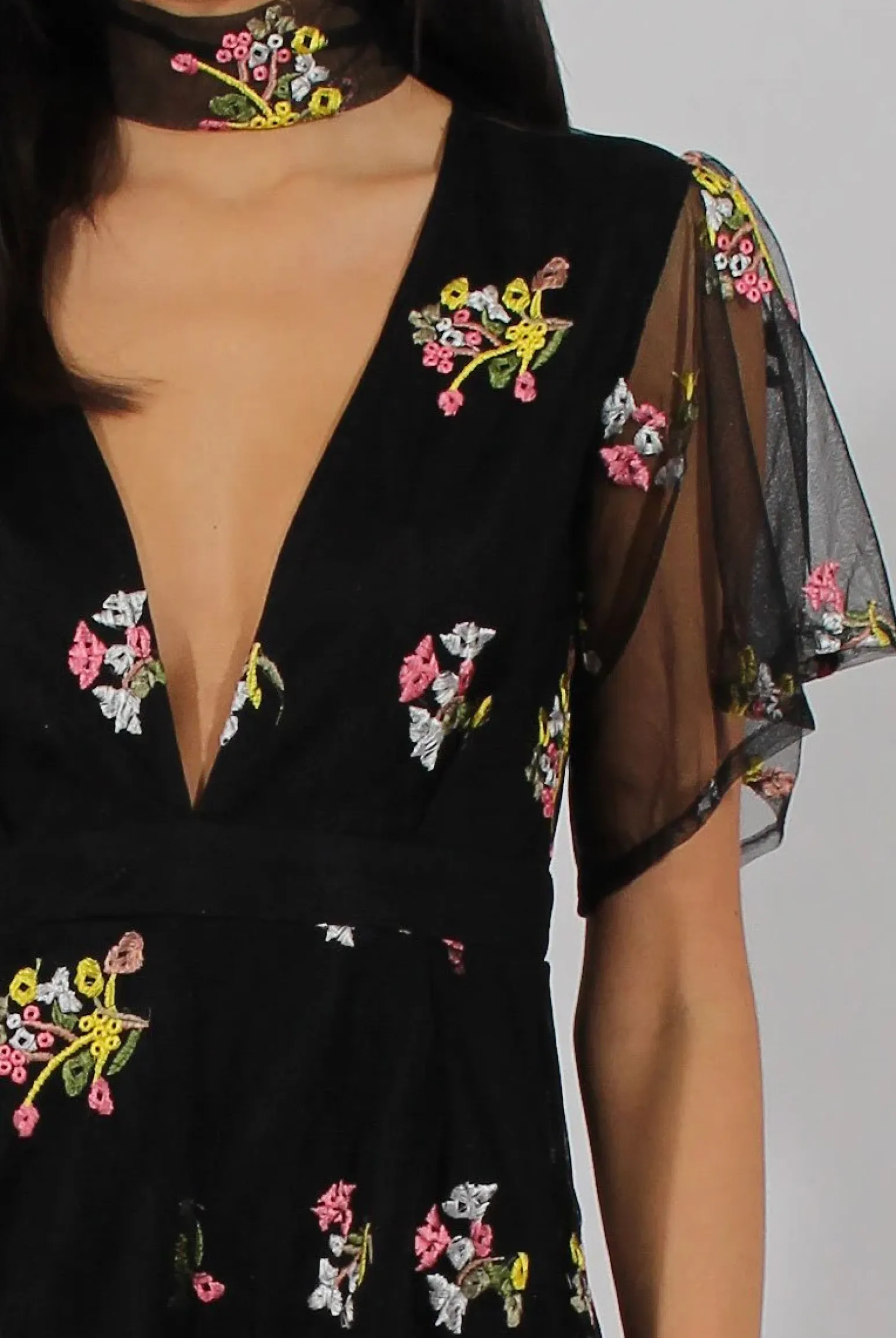 Rebellious Fashion Black Floral Flared Sleeve Mesh Embroidered Plunge Playsuit - Lita
