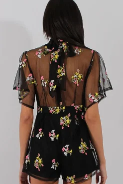 Rebellious Fashion Black Floral Flared Sleeve Mesh Embroidered Plunge Playsuit - Lita
