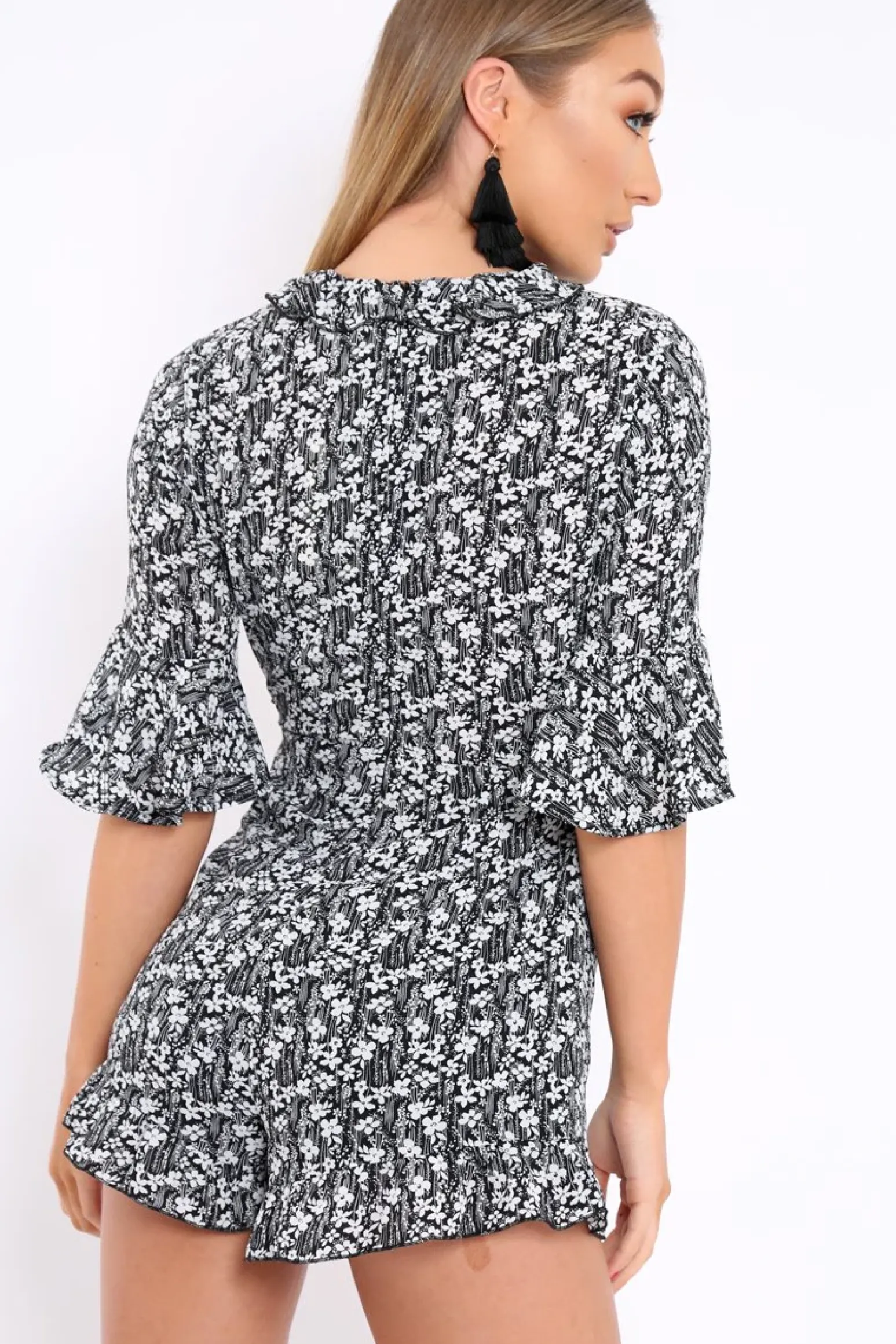 Rebellious Fashion Black Floral Frill Front Cut Out Playsuit - Joanne
