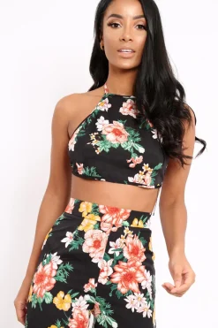 Rebellious Fashion Black Floral Halterneck Crop Top - Christie