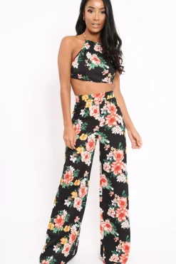 Rebellious Fashion Black Floral High Waist Flare Trousers -Tisha