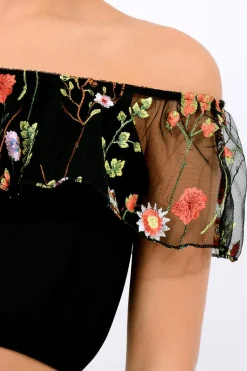 Rebellious Fashion Black Floral Mesh Off Shoulder Crop Top - Paulette