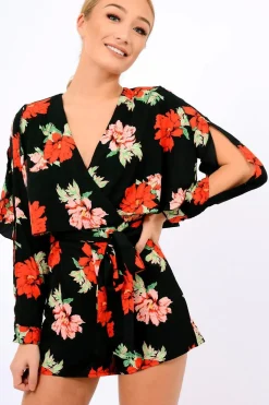Rebellious Fashion Black Floral Panel Wrap Playsuit - Ladonna