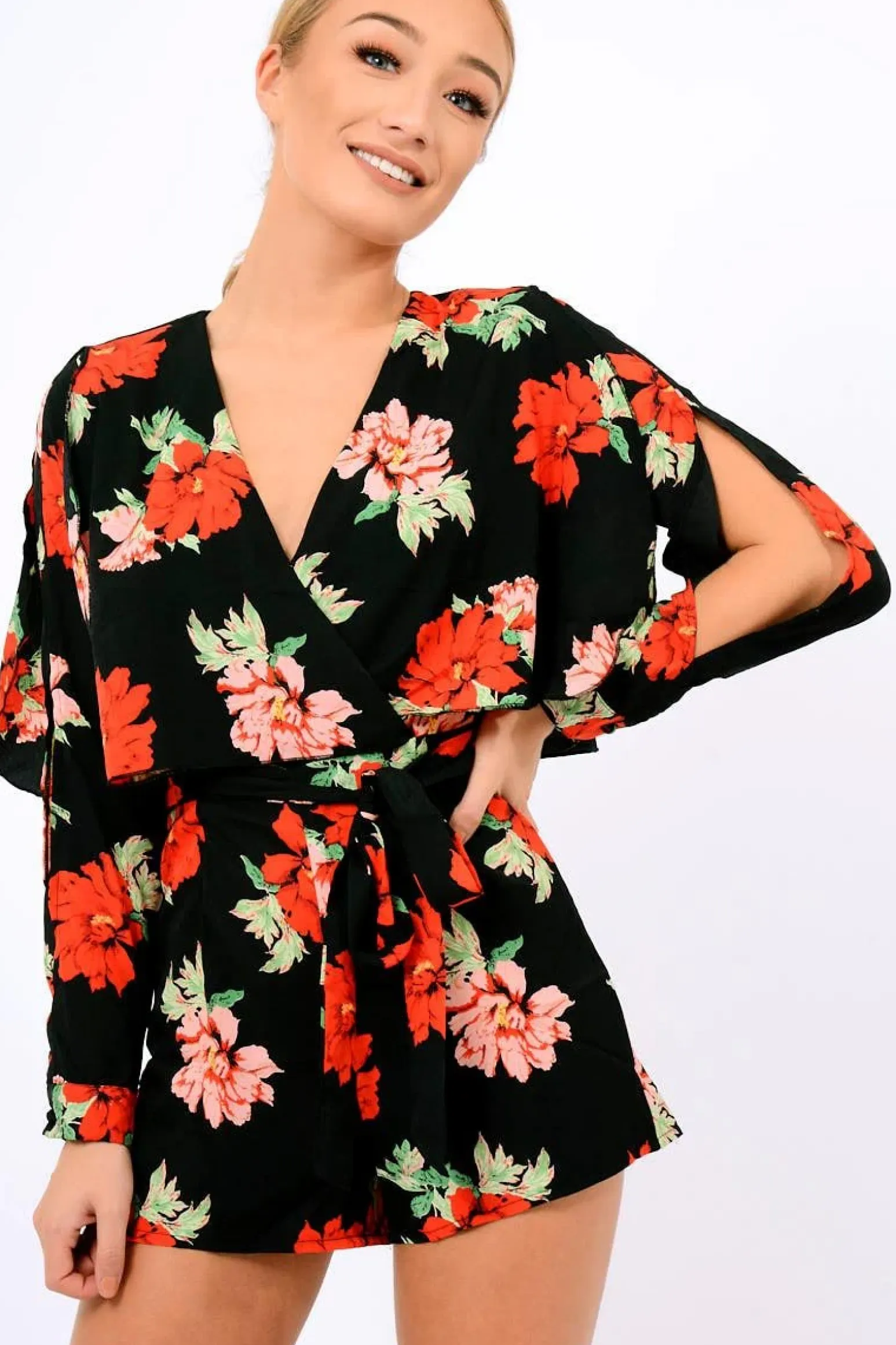 Rebellious Fashion Black Floral Panel Wrap Playsuit - Ladonna