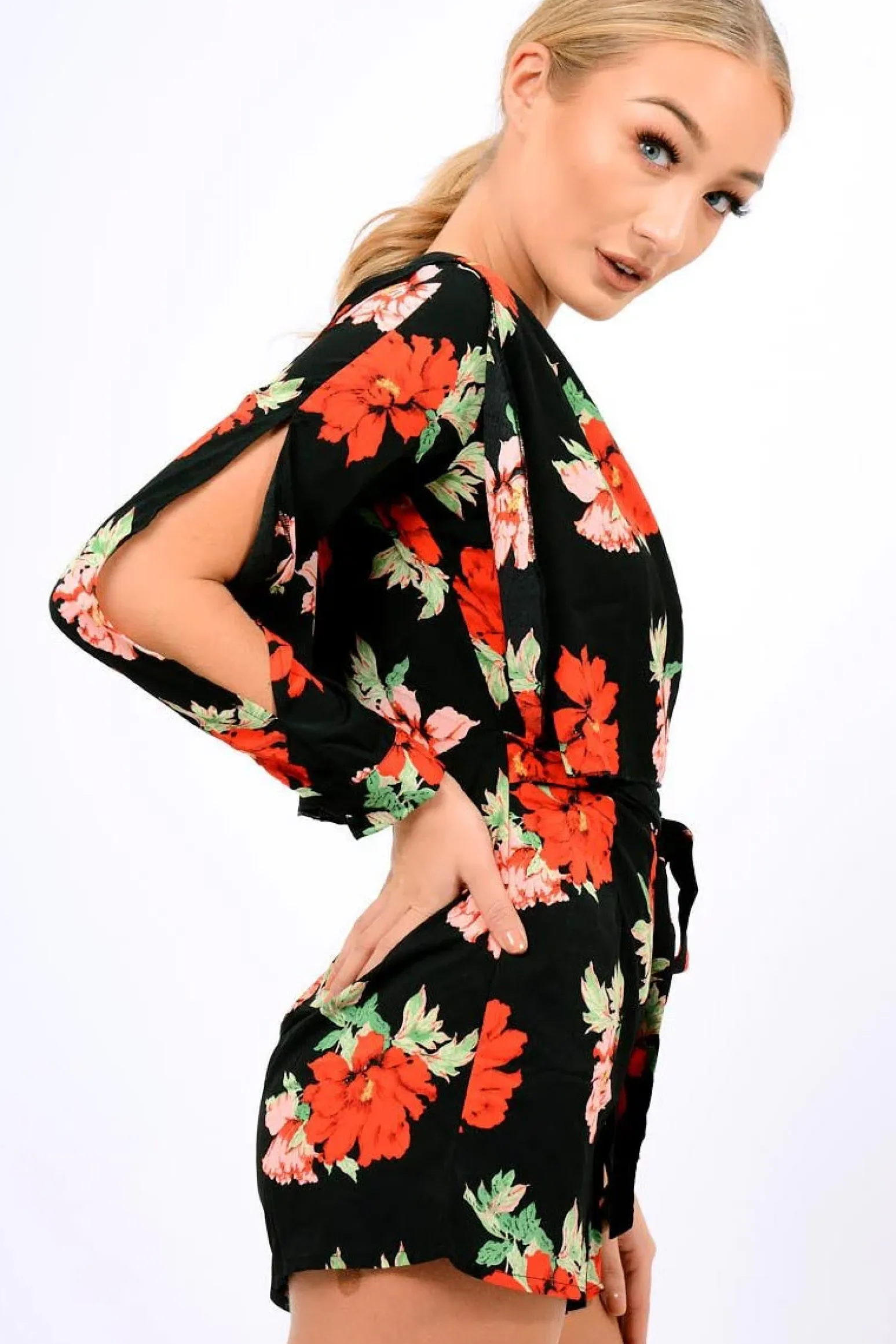 Rebellious Fashion Black Floral Panel Wrap Playsuit - Ladonna