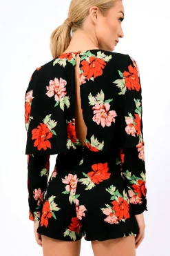 Rebellious Fashion Black Floral Panel Wrap Playsuit - Ladonna