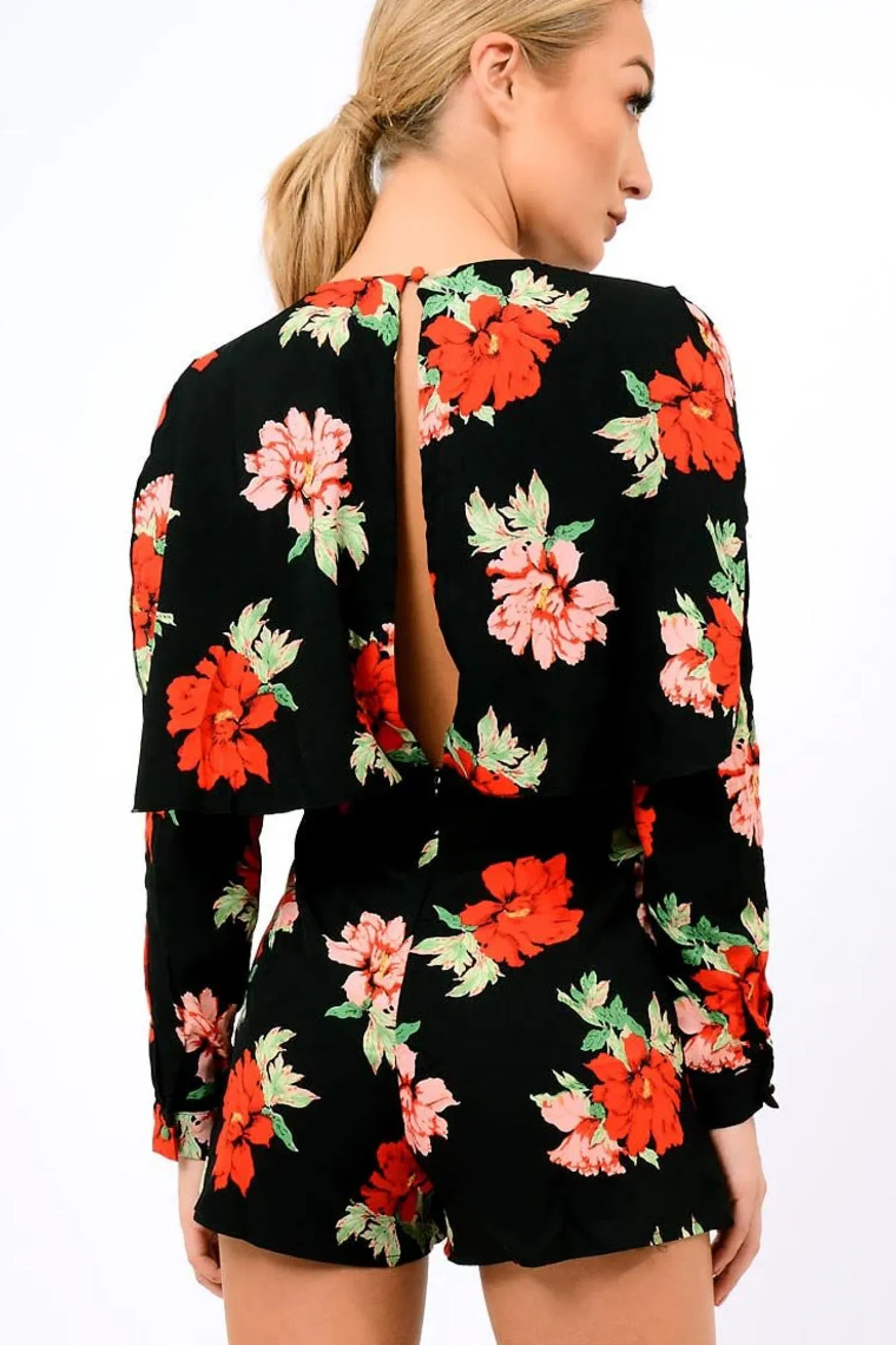 Rebellious Fashion Black Floral Panel Wrap Playsuit - Ladonna