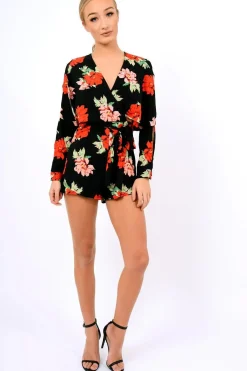 Rebellious Fashion Black Floral Panel Wrap Playsuit - Ladonna