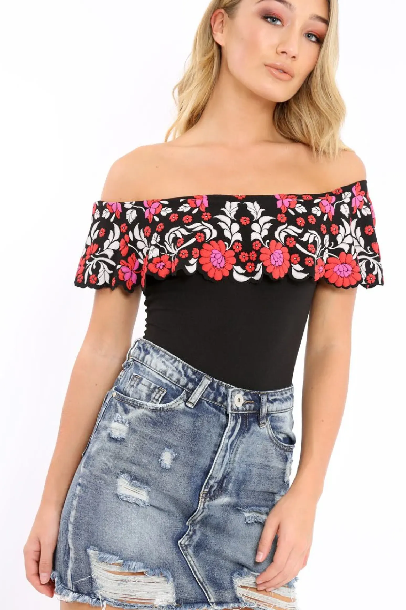 Rebellious Fashion Black Floral Print Bardot Frill Bodysuit - Klaudia
