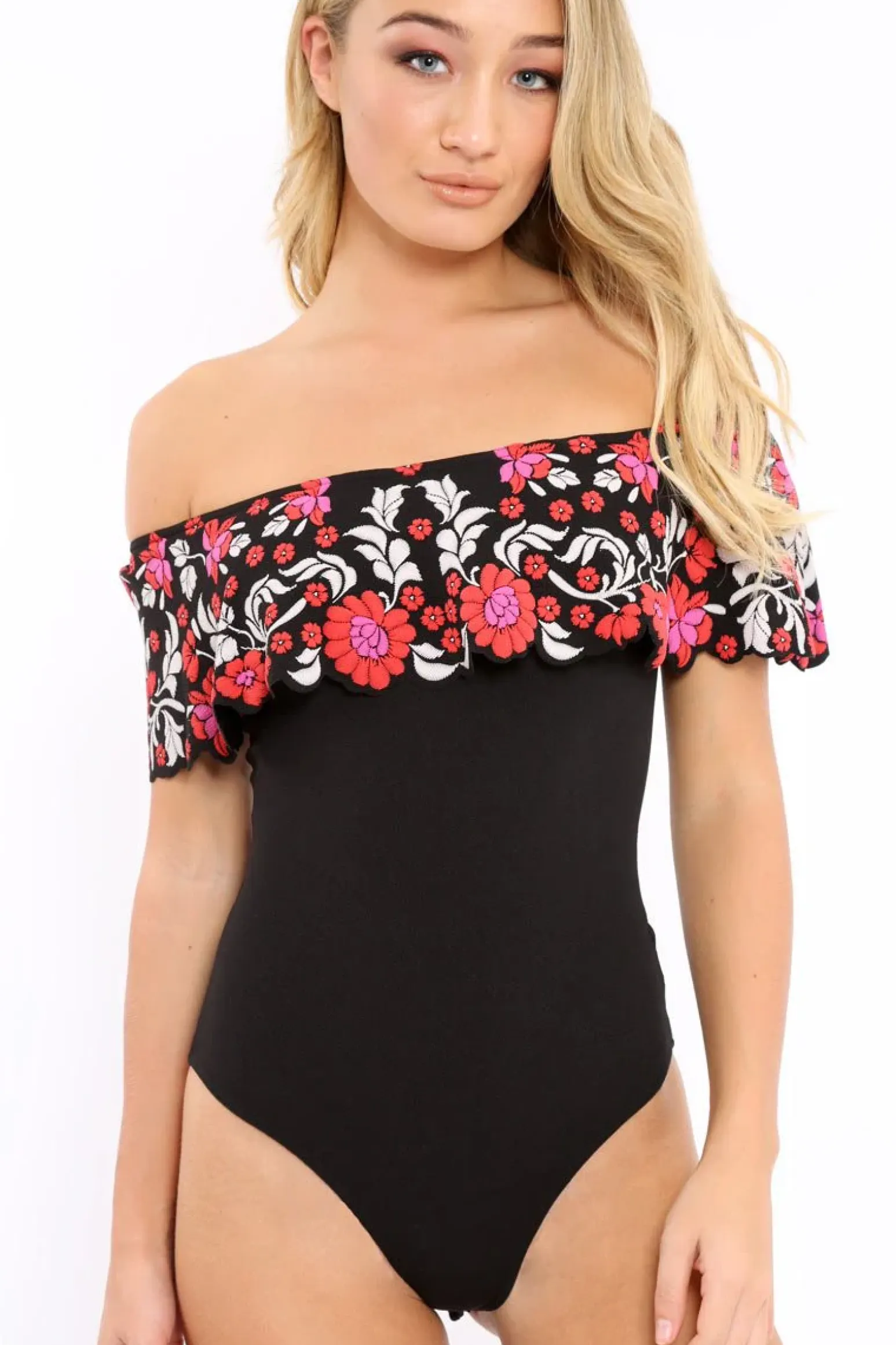 Rebellious Fashion Black Floral Print Bardot Frill Bodysuit - Klaudia