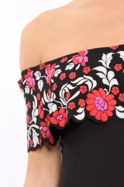 Rebellious Fashion Black Floral Print Bardot Frill Bodysuit - Klaudia