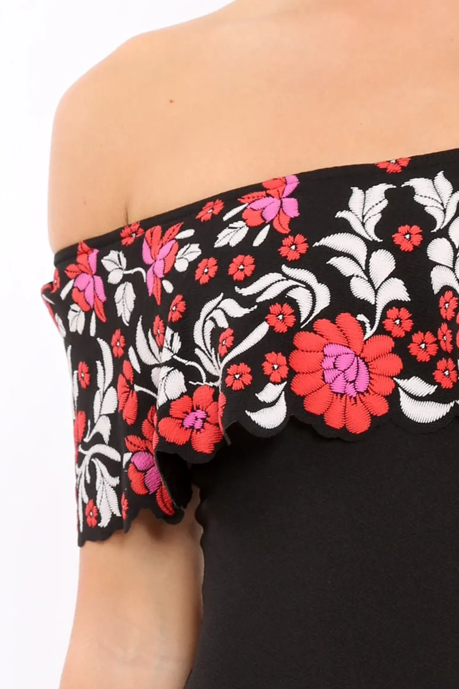 Rebellious Fashion Black Floral Print Bardot Frill Bodysuit - Klaudia