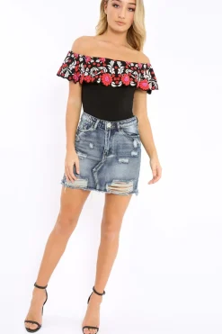 Rebellious Fashion Black Floral Print Bardot Frill Bodysuit - Klaudia